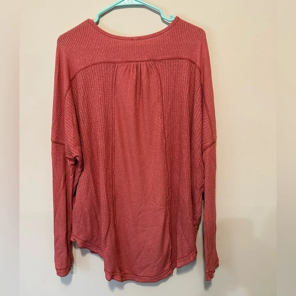 Free People Leo Henley Thermal Top | Oversized Waffle Knit Long Sleeve Size M